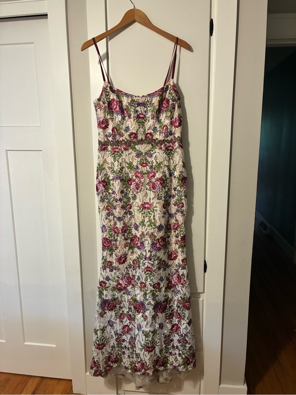 Marchesa Ivory Floral Lace Maxi Dress with Pink Roses